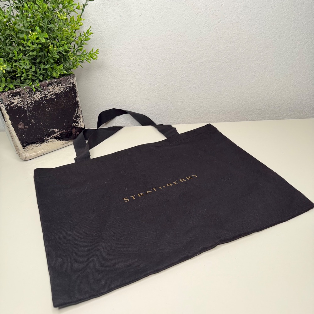 Strathberry Tote Bag Womens Black Organic Cotton Canvas Gold Logo Minimalist NEW